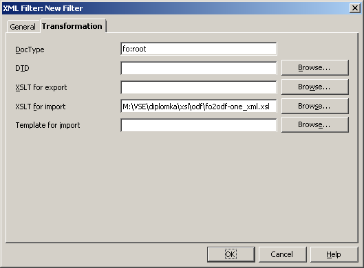 Dialog pro vytvoření nového XML filtru pro FO dokumenty – záložka Transformation